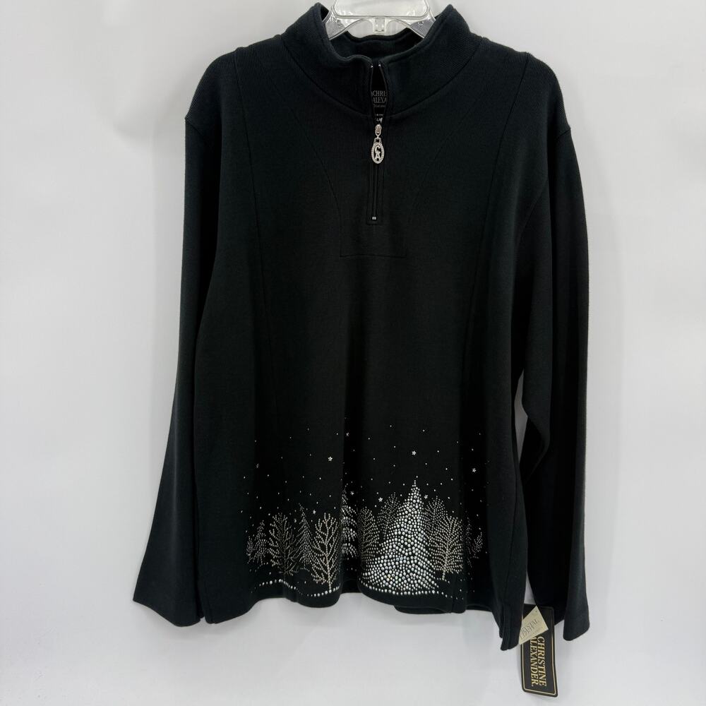 New CHRISTINE ALEXANDER 1/4 Zip Sweater Sz XL Dark Grey Winter Forest Swarovski